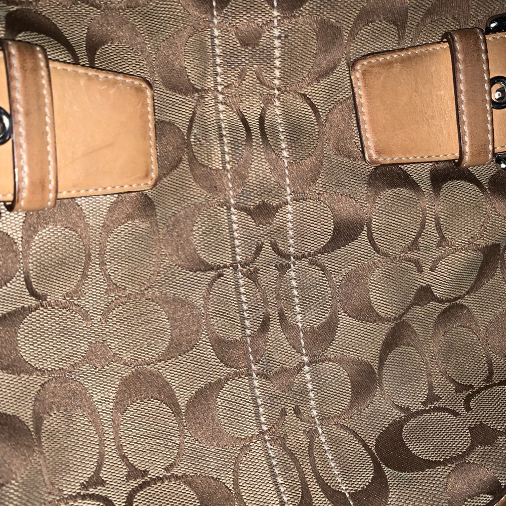 Used medium-sized tan/brown vintage leather and cloth Coach crossbody. - Picture 3 of 3